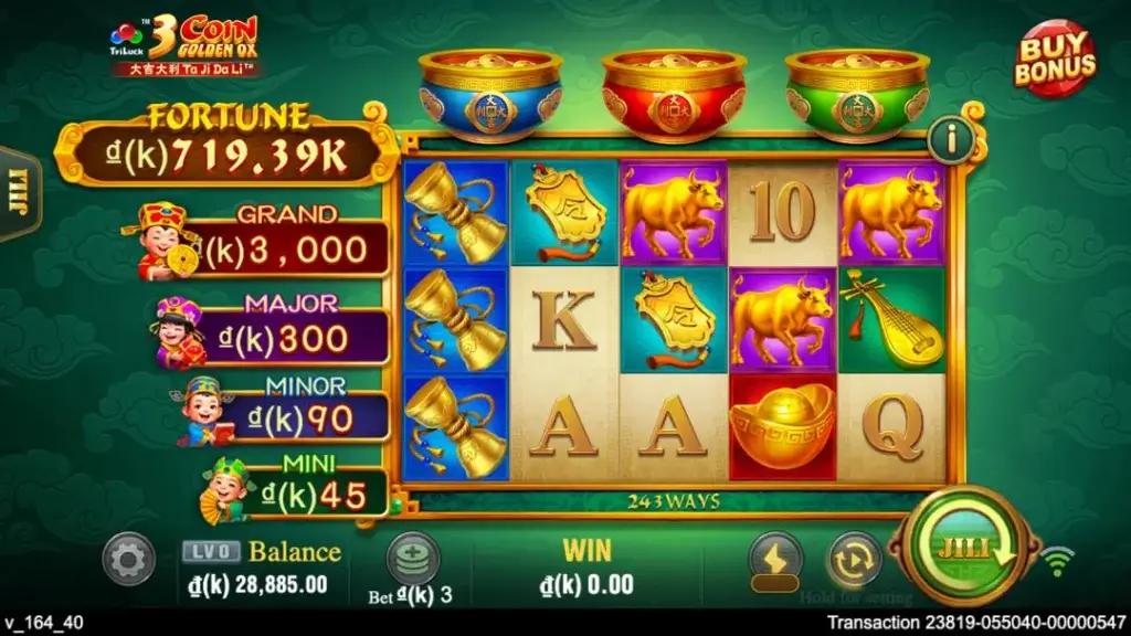 Ảnh giao diện chính game 3 Coin Golden OX (slot JILI) chơi tại LC79