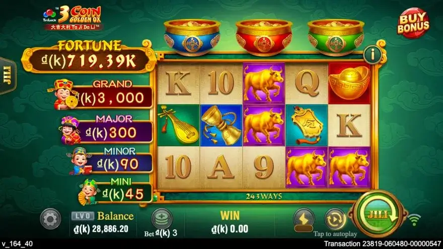 Ảnh bảng biểu tượng & tính năng game 3 Coin Golden OX (slot JILI) chơi tại LC79