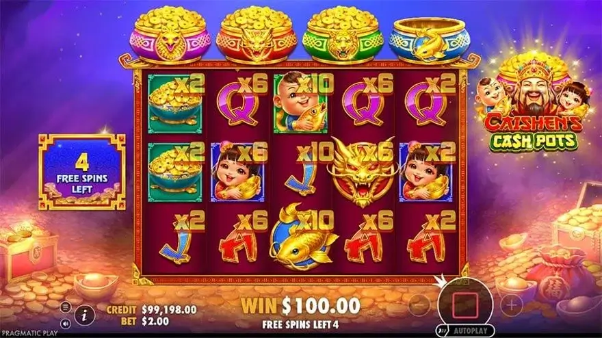 Ảnh bảng biểu tượng & tính năng game Caishen's Cash Pots (slot PP) chơi tại LC79