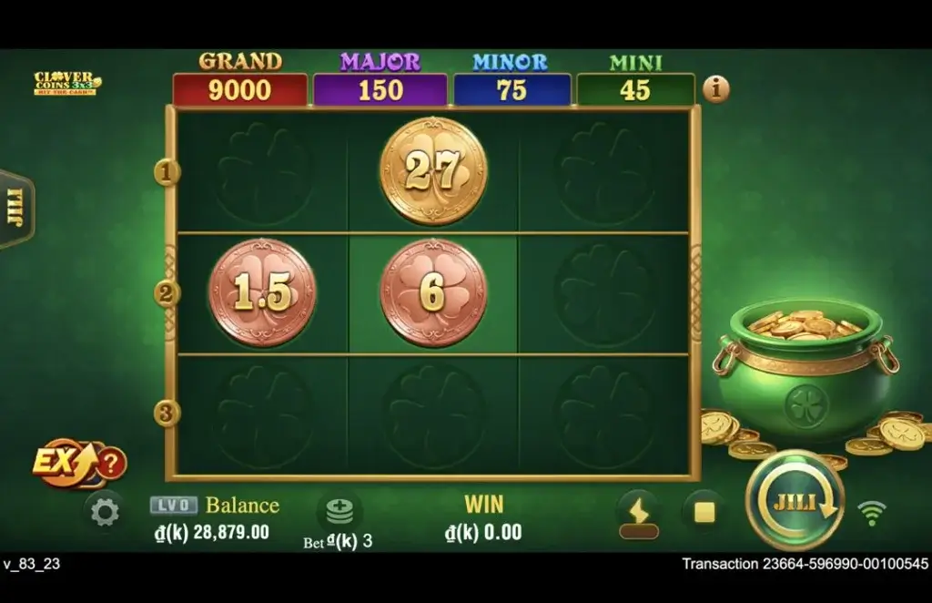 Ảnh giao diện chính game Clover Coins 3x3 (slot JILI) chơi tại LC79